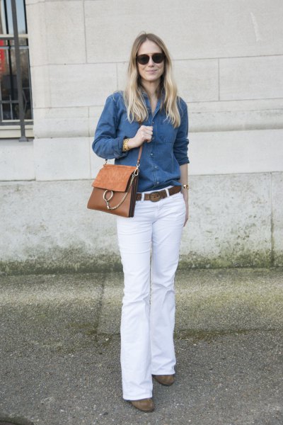 blue button down chambray shirt and white bell bottom jeans