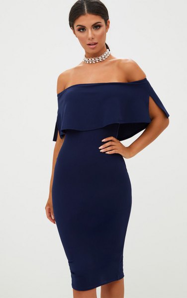 Strapless bodycon midi dress with silver choker necklace