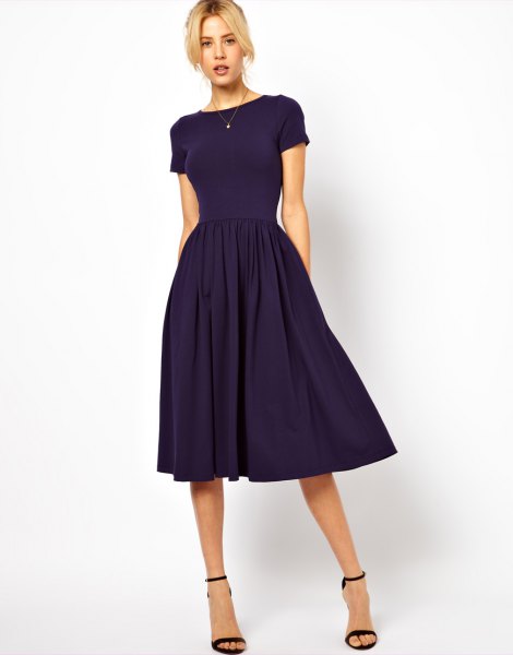 Dark blue flared fit short sleeve midi dress with matching open toe heels