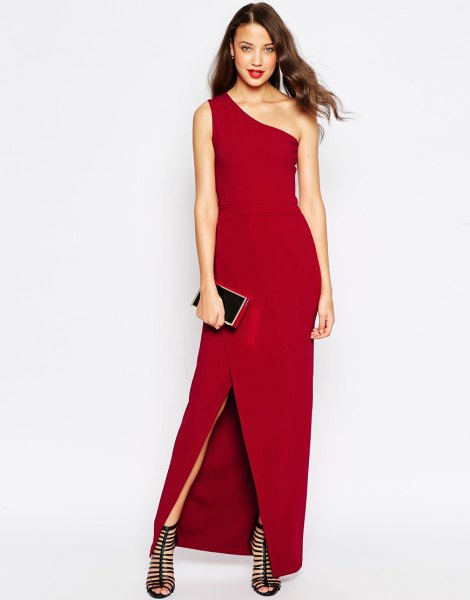 red maxi dress with black strappy sandals