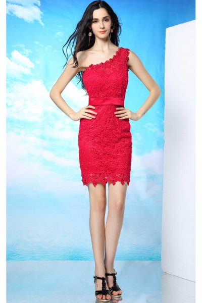 red lace dress with one shoulder and black heels