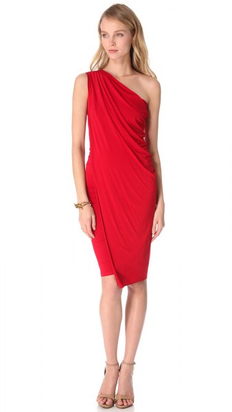 red leather strapless knee length dress