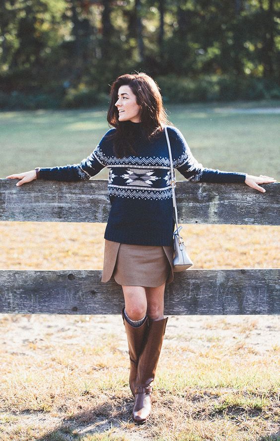 brown riding boots winter sweater