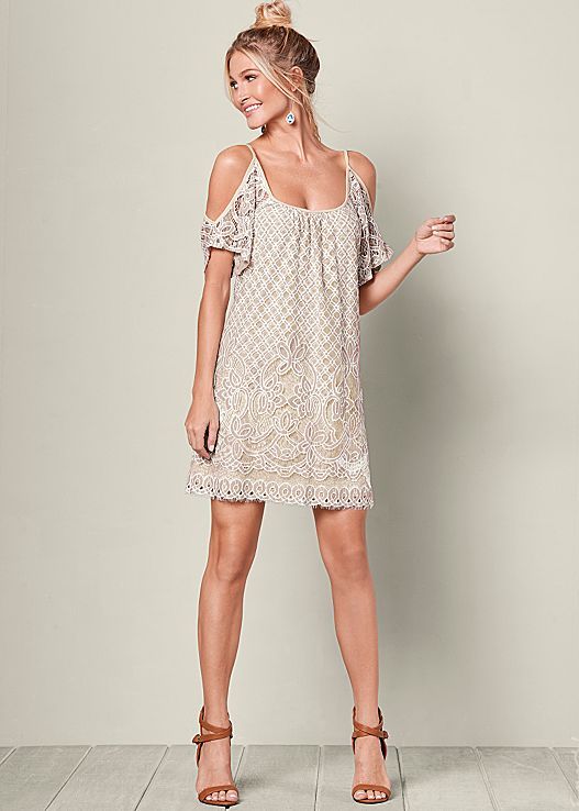 white lace with cold shoulder dress