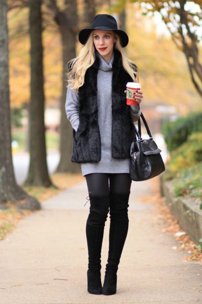 black floppy hat with gray hooded sweater dress and leggings