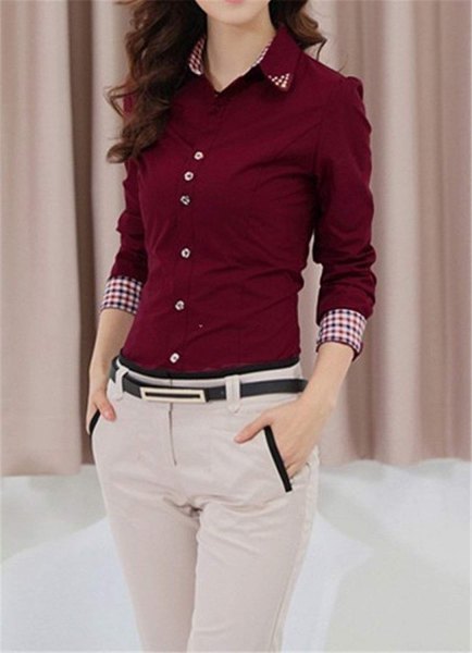Burgundy button-up slim fit shirt with light gray slim fit chinos