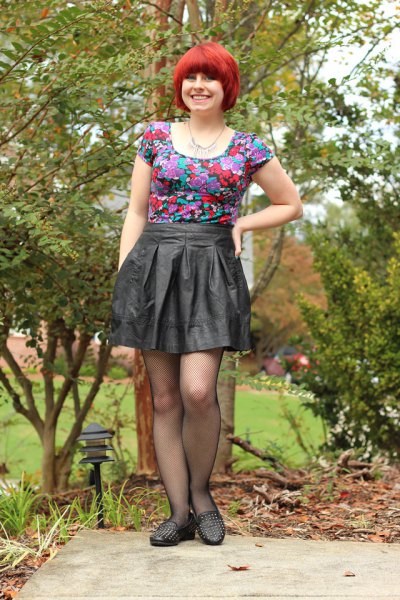 matching pink floral t-shirt and pleated mini skirt