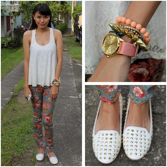 Tank tap with floral skinny pants and white spiked slippers