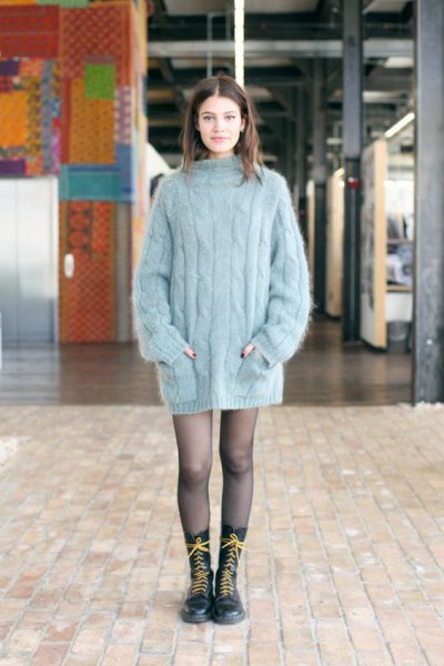 Mock Neck Big Cable Knit Sweater Dress with Stockings and Long Boots