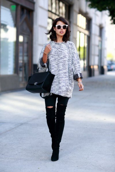 heather gray knit sweater with black, ripped knee jeans