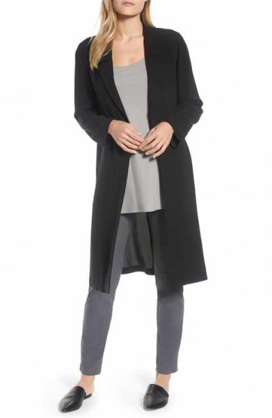 black longline silk jacket with gray skinny jeans
