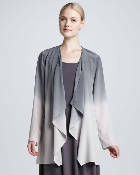 grey-white draped silk jacket with shift dress