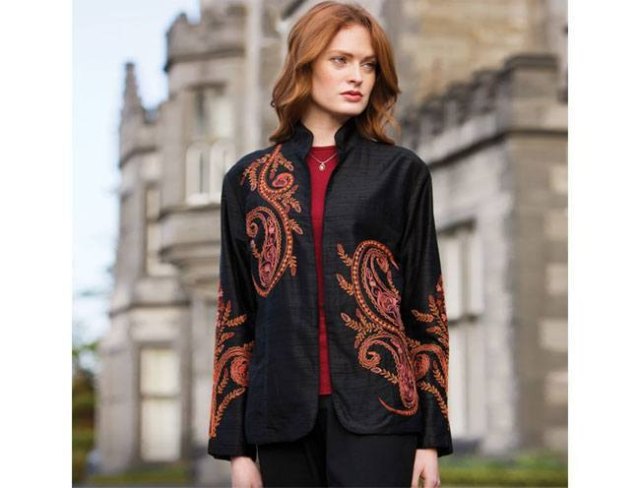 black embroidered silk jacket with high neckline and red bodice
