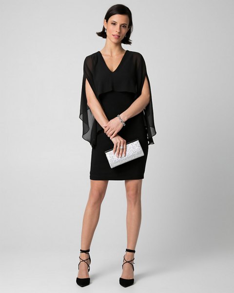 black semi-transparent cape mini dress with V-neckline