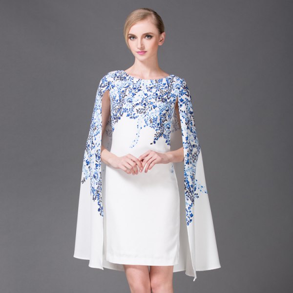 white and blue floral cape dress