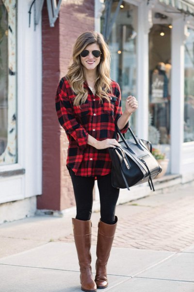 red and black plaid long boyfriend shirt with brown leather boots
