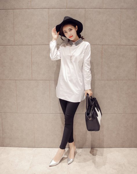 long shirt with white sequin collar and leggings