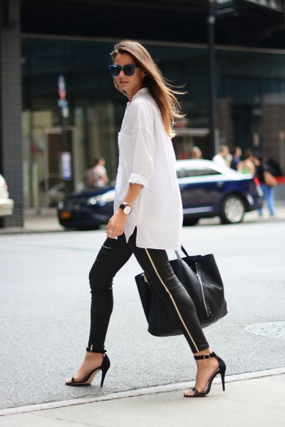 white oversized shirt with buttons, leather leggings and heels