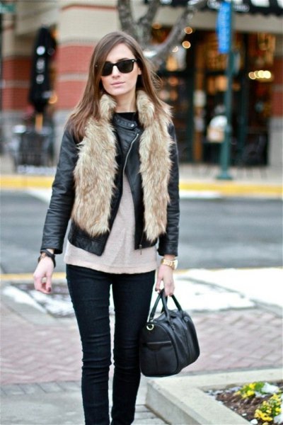 black moto jacket with faux fur vest and skinny jeans