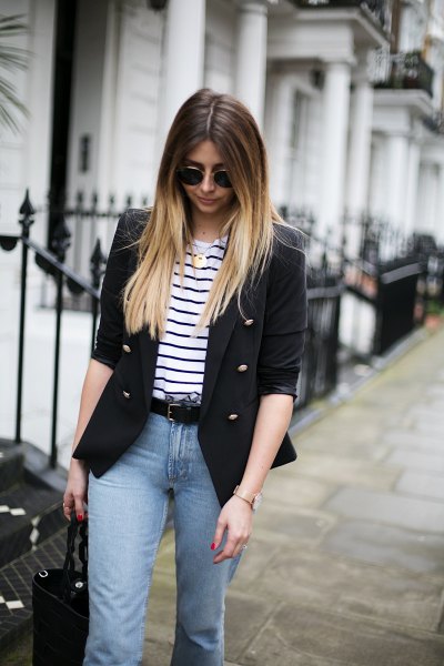 Half sleeve blazer with black and white striped T-shirt