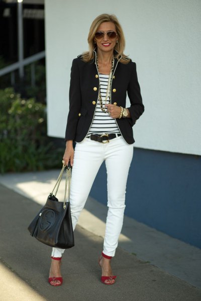 Military blazer with striped t-shirt and white skinny jeans