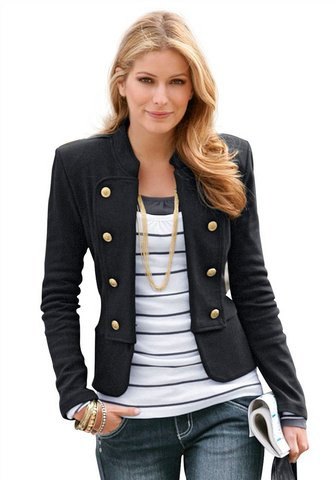 black cropped blazer with gray and white striped tess