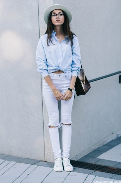 light blue knotted shirt with ripped skinny jeans
