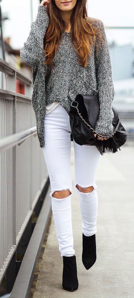 heather grey, thick sweater with ripped white jeans