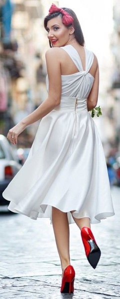 white fit and flare silk midi dress