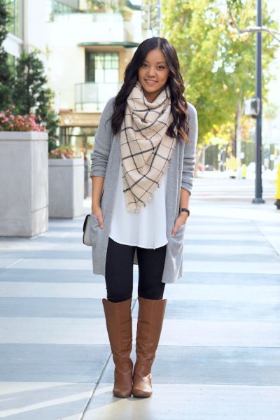 white tunic blouse with blush pink scarf and gray longline cardigan