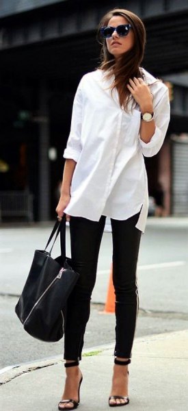 long white blouse with buttons, black skinny jeans and open toe heels