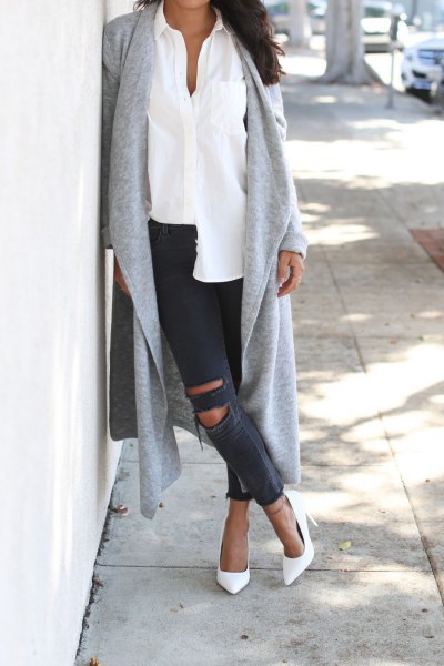 gray longline cardigan with white shirt and ripped jeans