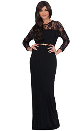 Floor-length, long-sleeved lace dress with a belt