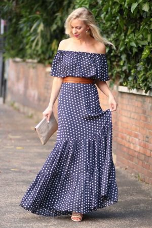 Navy blue and white polka dots on shoulder strap maxi dress