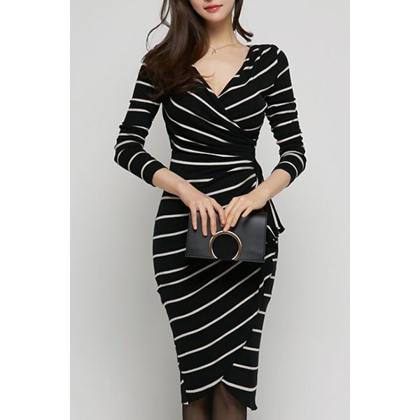 black and white striped bodycon midi wrap dress with wrap front