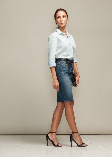 white shirt with buttons and grey-blue denim skirt
