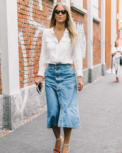 white shirt with pocket front and midi skirt with denim button at front
