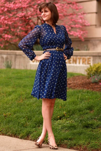 Long sleeve knee length blue polka dot dress with chiffon belt and belt