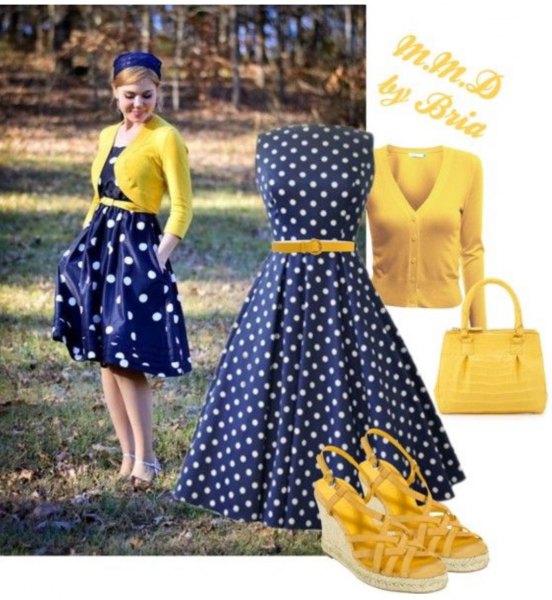 blue polka dot dress with yellow short knit sweater