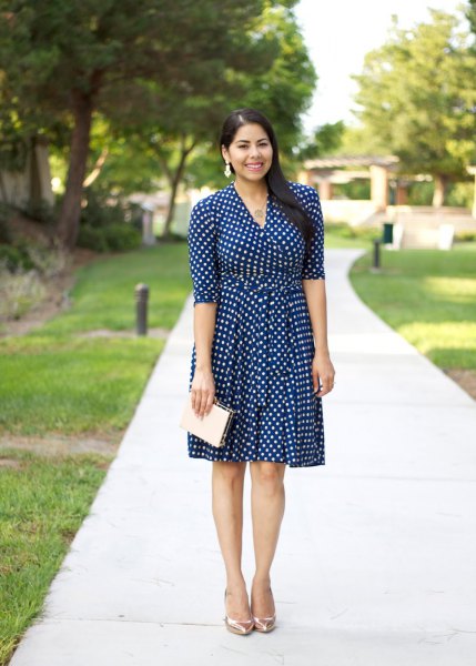 Navy blue and white fit and flare knee length dress with half sleeves
