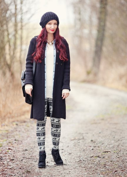 black wool coat with tribal leggings and knitted hat