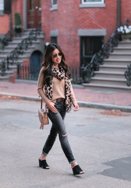 blush pink fitted pullover with leopard print scarf