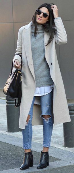 Light gray wool coat with cashmere sweater and cowl neck