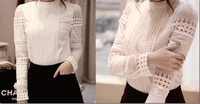 white crochet lace linen shirt black skirt