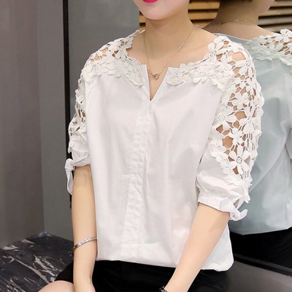 white shirt with half sleeves and floral lace sleeves