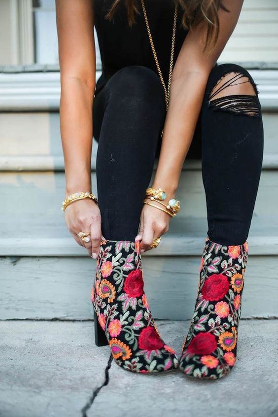 embroidered floral ankle boots black jeans