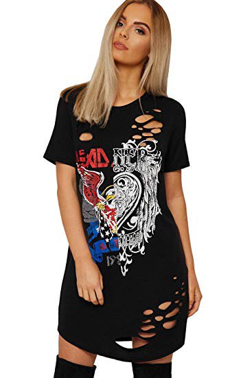 black graphic ripped t-shirt dress with over-the-knee boots