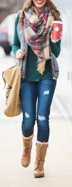 gray long-sleeved t-shirt with red plaid scarf and blue jeans
