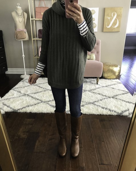 Green ribbed turtleneck sweater and black and white striped long sleeve t-shirt