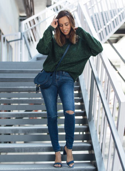 gray chunky sweater with blue ripped jeans and open toe heels